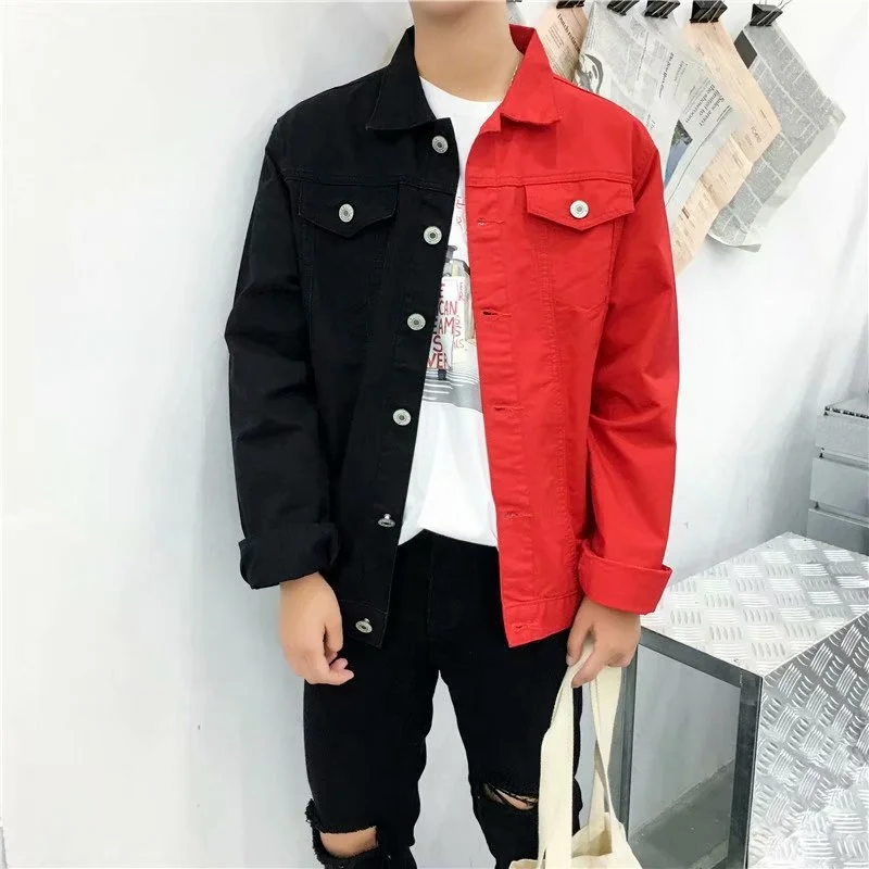 

2021 Spring Men Denim Jacket Fashion Self-cultivation Casual Two-color Stitching Black/red Black/white Jeans Slim Jacket