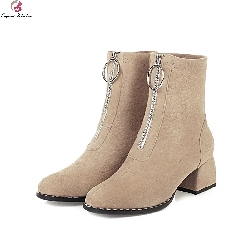 

Fashion Square Toe Ankle Boots Women Suede Metal Decoration Zip Woman Shoes Winter Ladies Short Boots Apricot Black Size 33-43