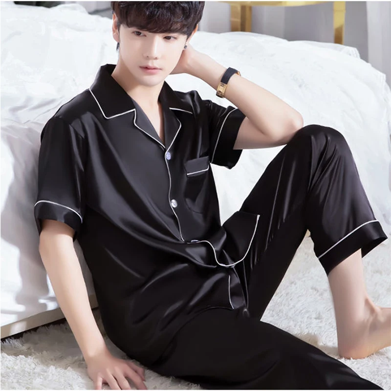 CAIYIER Summer Men Pajamas Set Short Sleeve Blue Male Sleepwear Soft Casual Fashion Men's Silk Nightwear Long Pants Loungewear