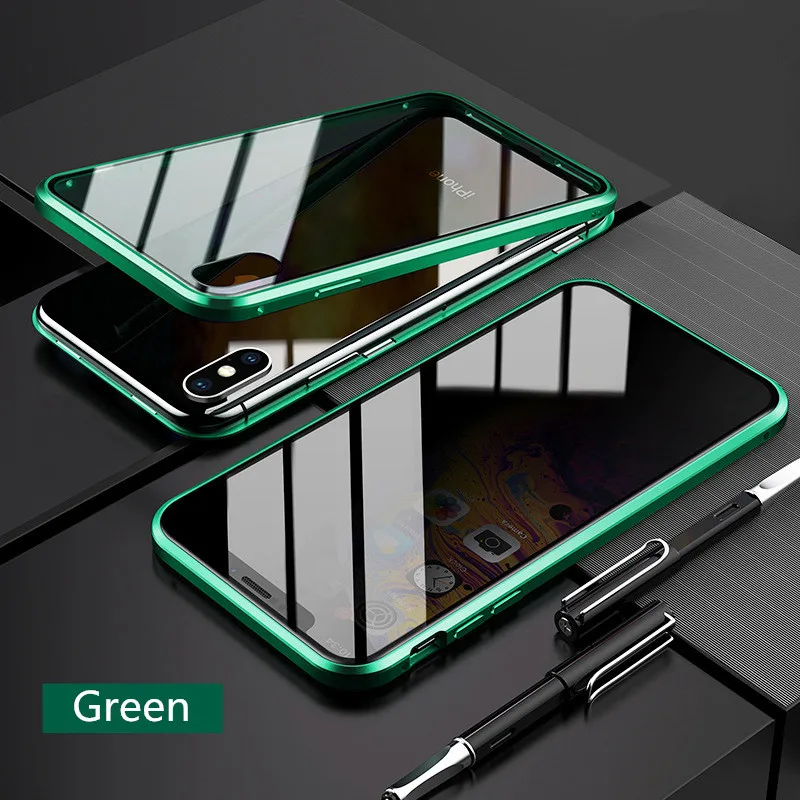 Green Конфиденциальности магнитное закаленное стекло металлический чехол для iPhone X Xr Xs Max 8 7 Plus защищающий от подсматривания 360 градусов полный защитный чехол для телефона - Цвет: Green