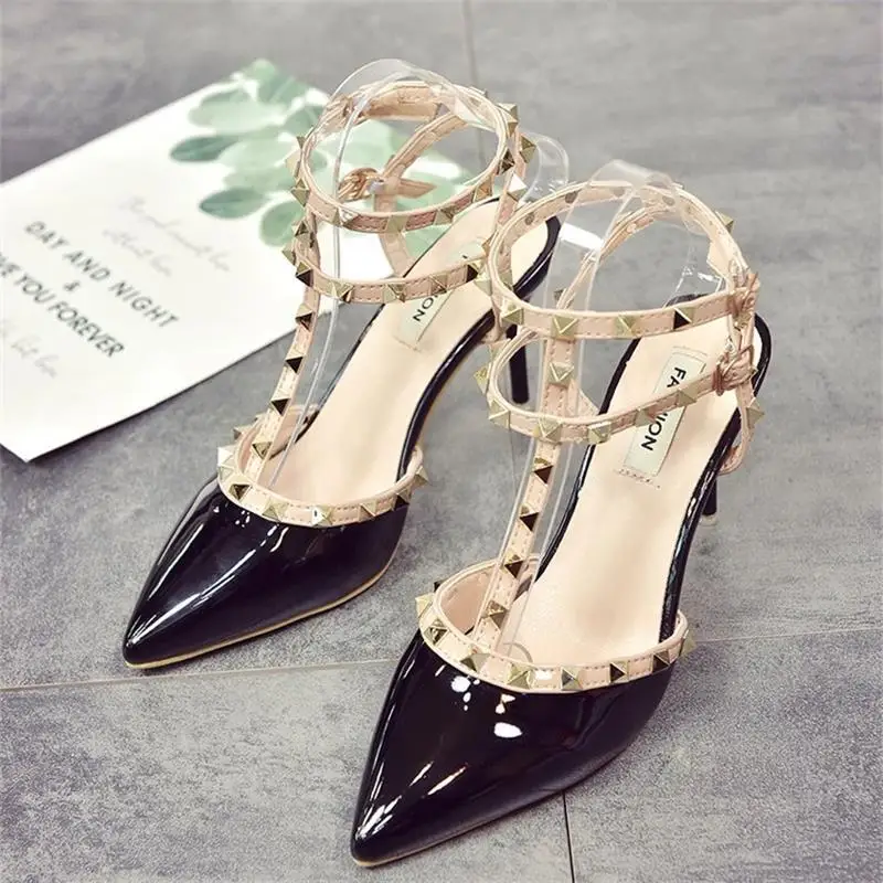 

2021 Spring New Fashion Sexy Women's Shoes Pointed Toe Hollow Female High Heels Rivet Comfortable Female Sandals Roman Sandals