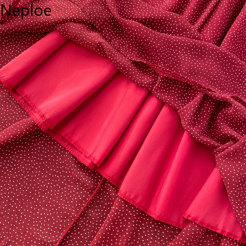 Женское шифоновое платье в горошек с v образным вырезом и высокой талией