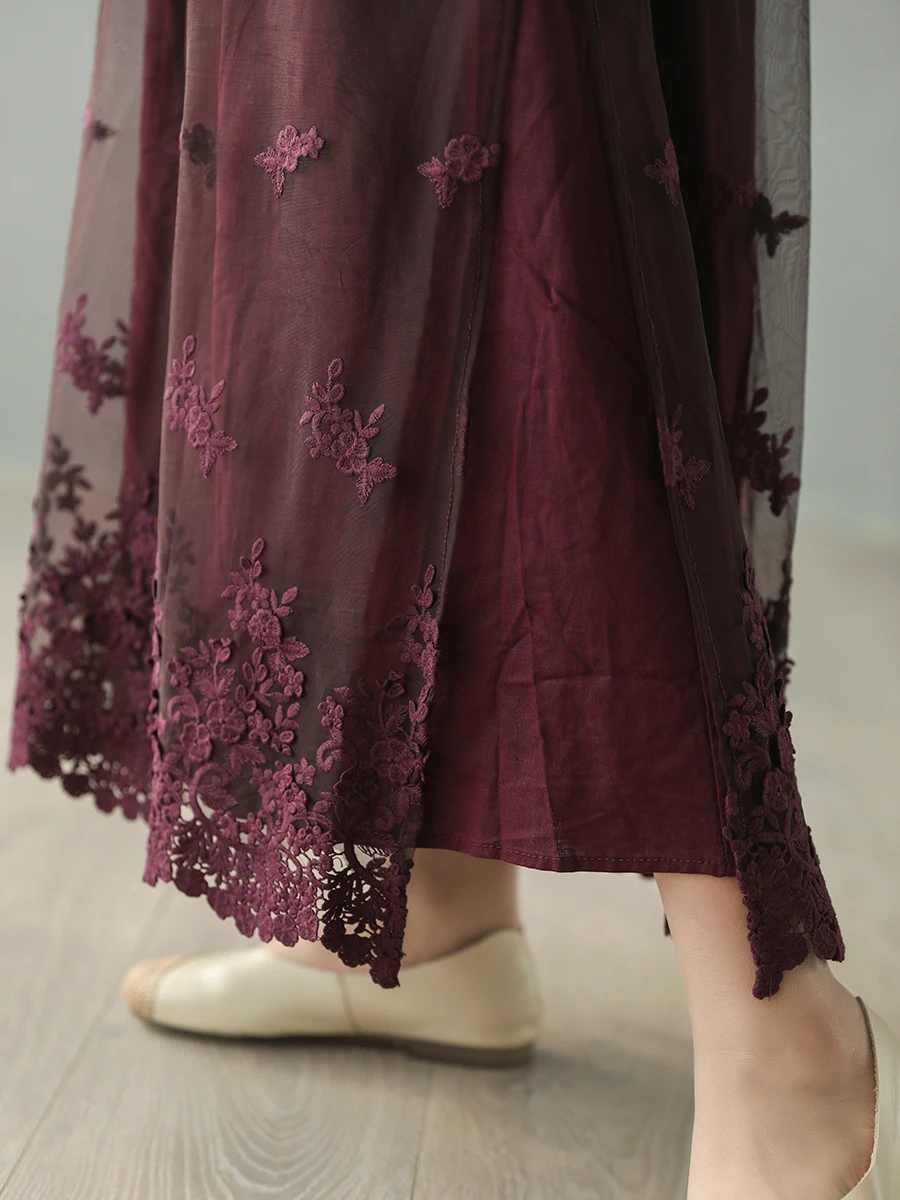 

Free Shipping 2020 New Linen Lace Flower Gauze Long Maxi Skirts For Women Summer Spring Elastic Waist A-line Brown Black Skirts