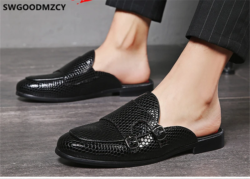 double monk strap shoes men leather half shoes for men mule masculino Coiffeur men half shoes zapatos de hombre casuales cuero