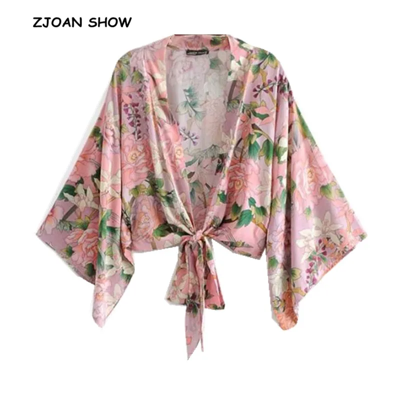 

2019 New Women Bohemian Flower Crane Print Kimono Shirt Batwing Sleeve V-Neck Lacing Up Bow Tide Cardigan Blouse Femme Blusas