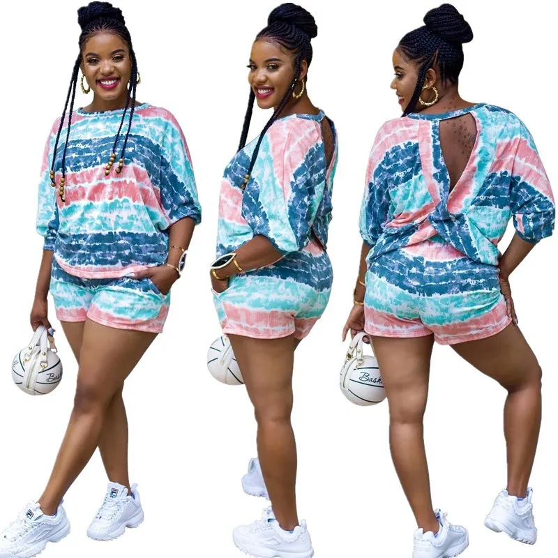 

Hot S-2XL Tie Dye Women Set Two Piece Set Tracksuit Open Back Tops Shorts Jogger Suit Fitness Outfit Matching Set New 2021
