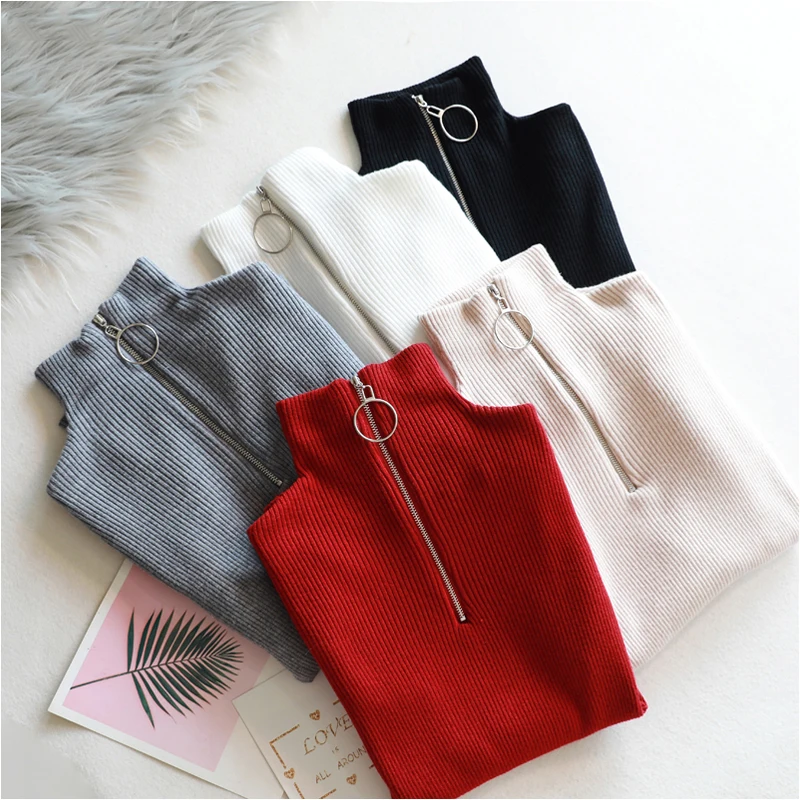 Casual Zipper Sweater Women Turtleneck Autumn Winter Tops Solid Long Sleeve Fashion Knitted sweaters Pullovers Chic Soft Jumper | Женская