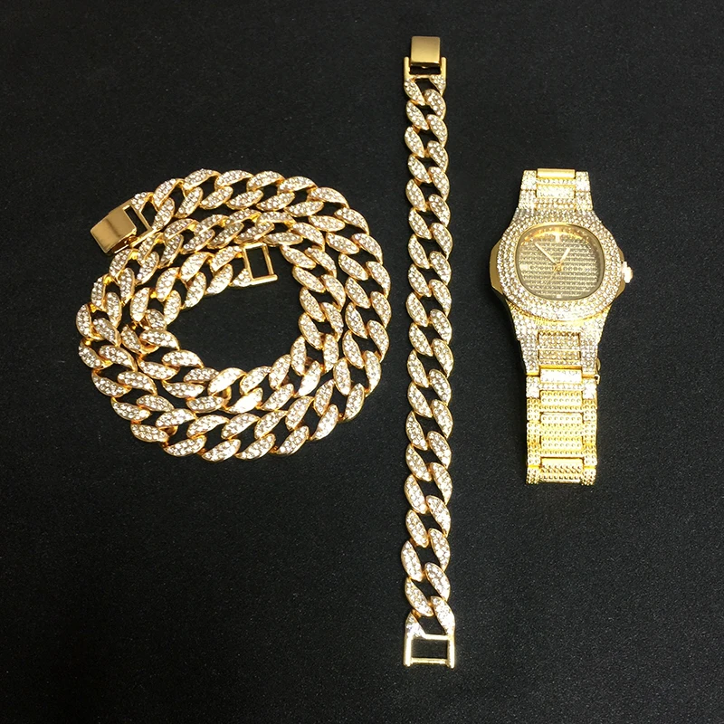 Gold 3pcs set Золотое ожерелье+ часы+ браслет в стиле хип-хоп, кубинская цепочка в стиле «Майями», вымощенные стразы, CZ Bling Rapper для Мужчин, Ювелирные изделия - Окраска металла: Gold 3pcs set