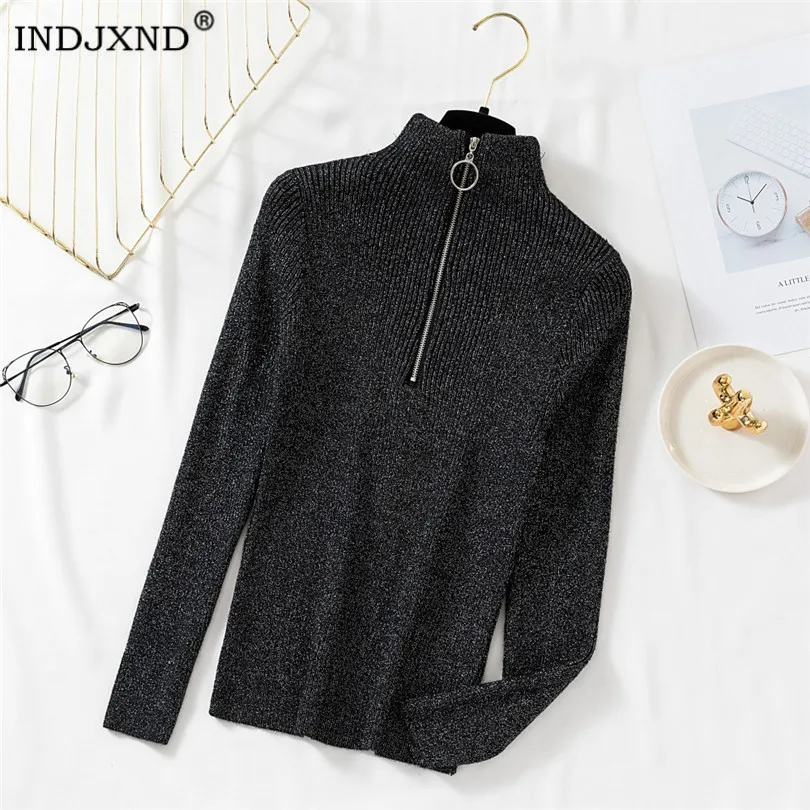 

INDJXND Casual Sweater Women Autumn Winter Basic Zipper Pullover Solid Soft Knit Slim Pullovers Long Sleeve Warm Shiny Jumper