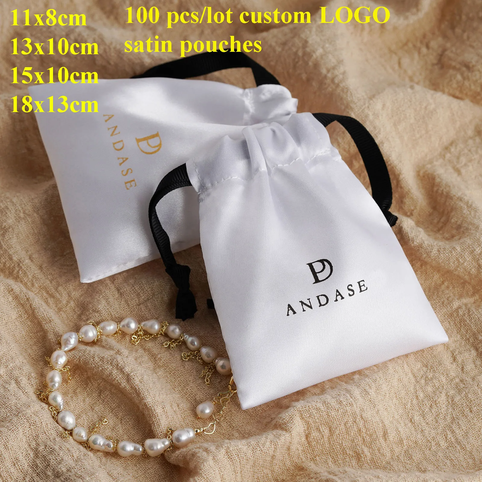 

100pcs/Lot Custom Logo Satin Pouches 11x8cm 13x10cm 15x10cm 18x13cm Jewelries Packaging Small Bags Personalized Silk Satin Pouch