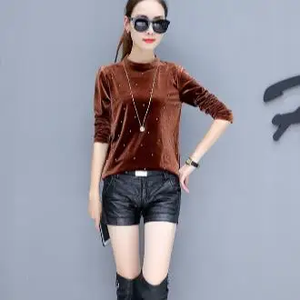 Harajuku женская футболка тонкий длинный рукав Стенд воротник бархат t Женские топы и