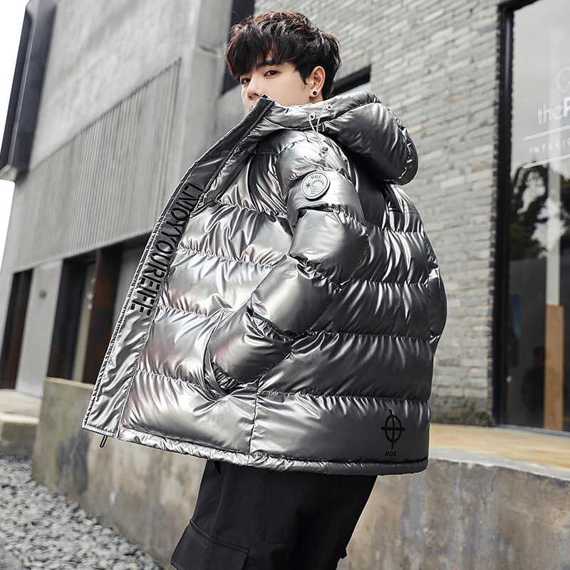 Winter Bright Reflective Padded Jackets Silver Black Down Jacket Mens Korean Parka Coats Thick Bomber Bread Jacket Stand Collar