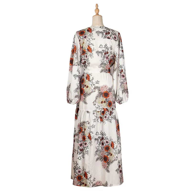 

KNOYEER Lantern Sleeve White Floral Printed Long Dresses Women Holiday Robe 2021 Vintage Slit Autumn Boho Beach Casual Vestidos