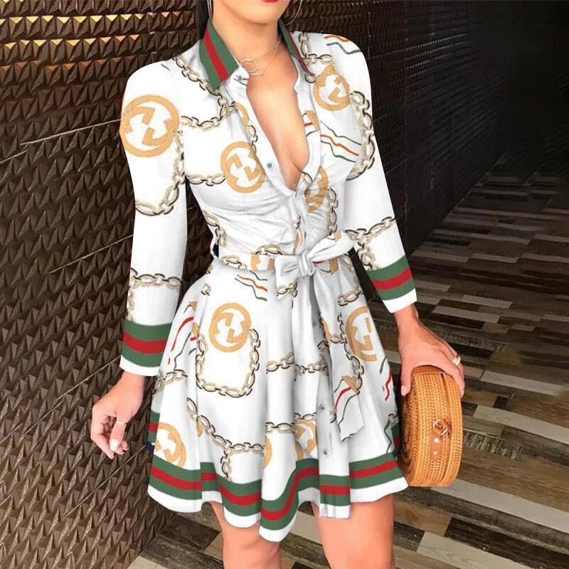 

Women's Retro Chain Printed Bouquet Waist Mini Dress Autumn Elegant Lapel Long Sleeve Party Dress Office Ladies Mini Dress