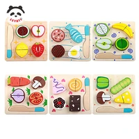 montessori education cutting set natural wooden colorful interconnect block fruits vegetable dessert kitchen best gift for kids