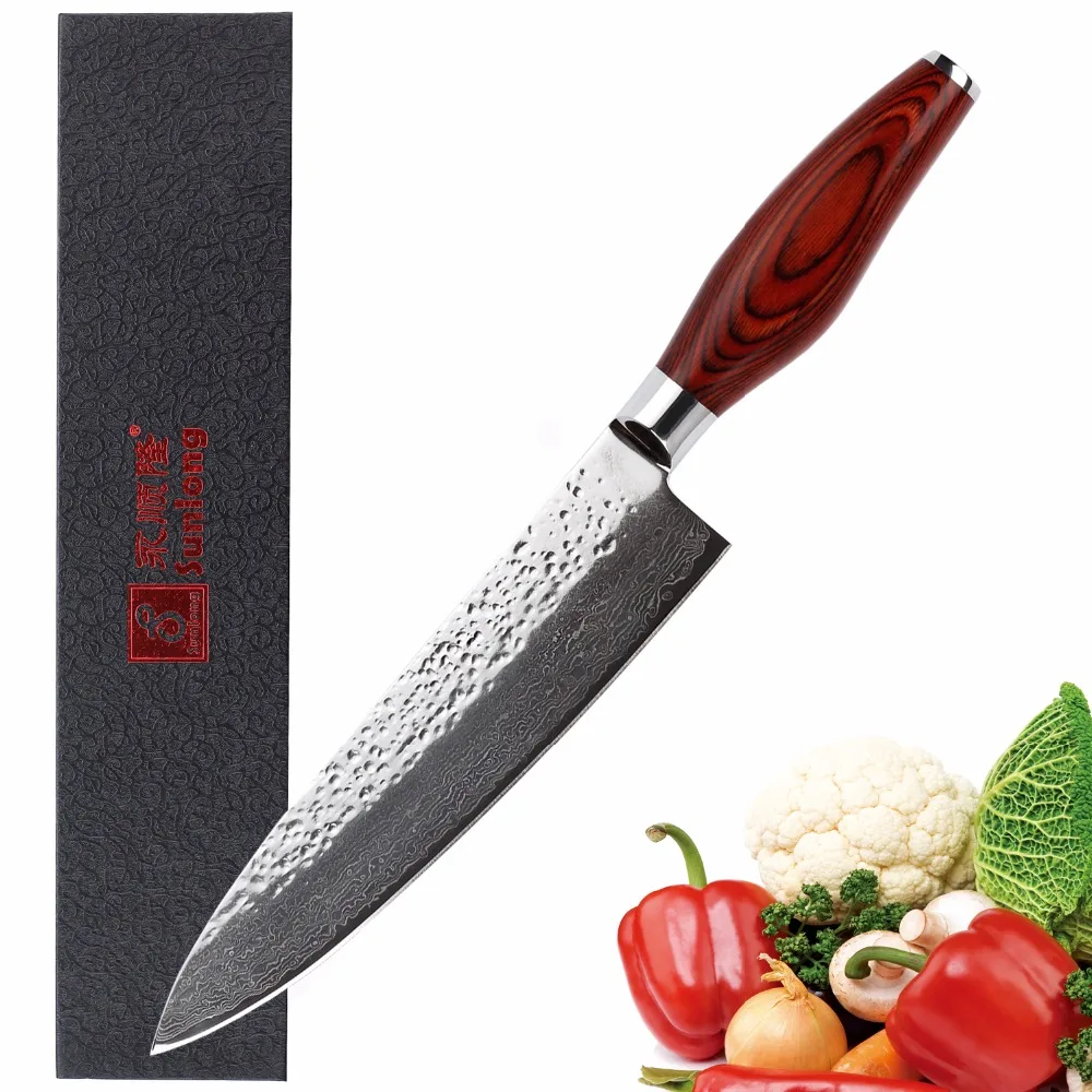 

Sunlong Chef's Knife 8 inch Gyuto Japanese Hammer Damascus Steel Vegetable Cleaver Redwooden Handle