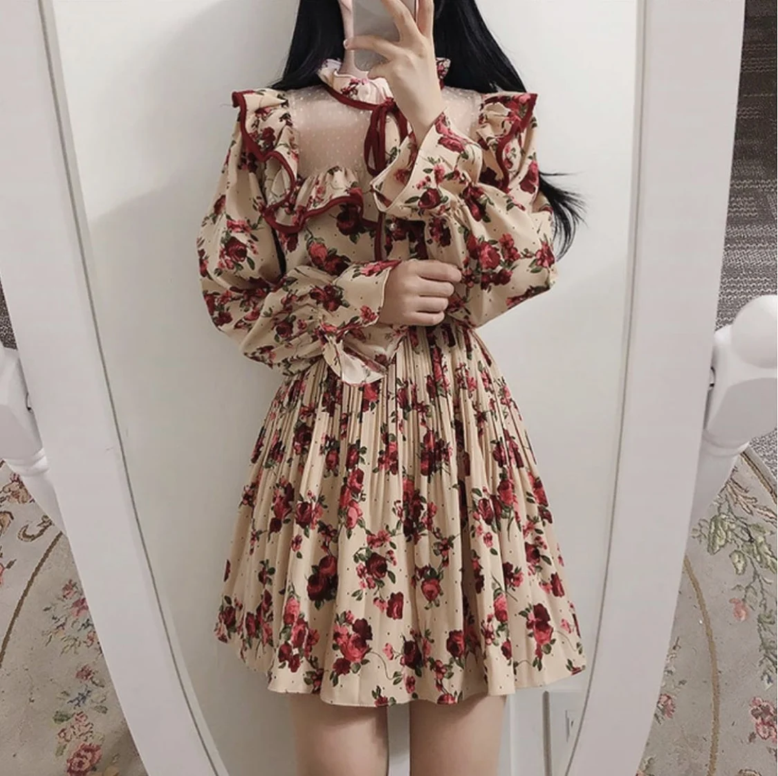 Женское винтажное платье с цветочным принтом ТРАПЕЦИЕВИДНОЕ ПЛАТЬЕ оборками и