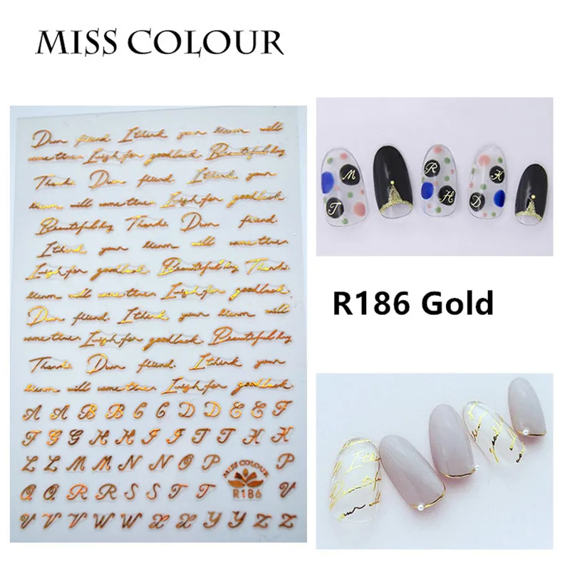 1 лист ногтей Стикеры клей ручной записи английские слова буквы серебристо белый