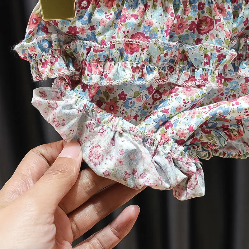 

3M-4T Girls baby summer dress new baby short-sleeved floral dress + shorts two-piece children's split shorts girls romper