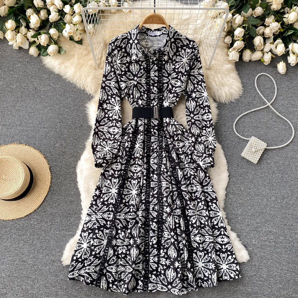 

C608 Women New Fashion Autumn Lace Printed A-line Shirts Dress Long Sleeve Single Breasted Vintage Elegant Clothes Vestidos