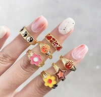 new ins trendy colorful dripping oil copper plated real gold heart smiley flower tai chi rings for women girls jewelry gift