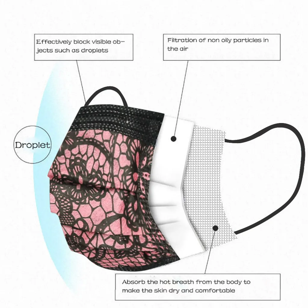 Маска кружевная антипылевая для взрослых одноразовая с 3 слоями фильтров и