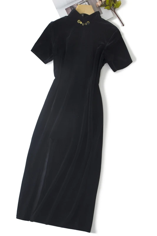 

New Pure Black Short Sleeve Cheongsam 2020 Improved Daily Dress Traditional Chinese Style Waist Split Long Cheongsam Dress