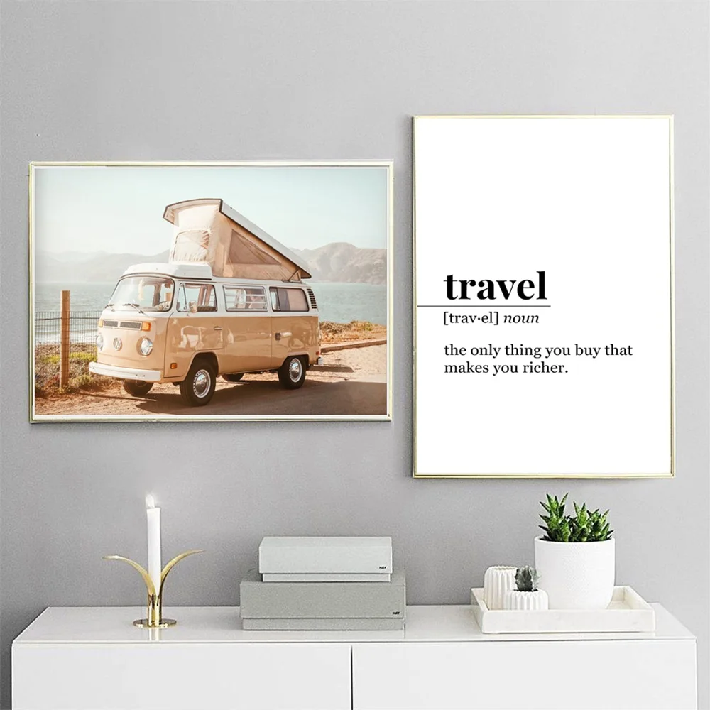 

Travel Definition Poster Minimalist Vintage Camper Art Print Retro Van Canvas Painting Modern Quote Wall Picture Bedroom Decor