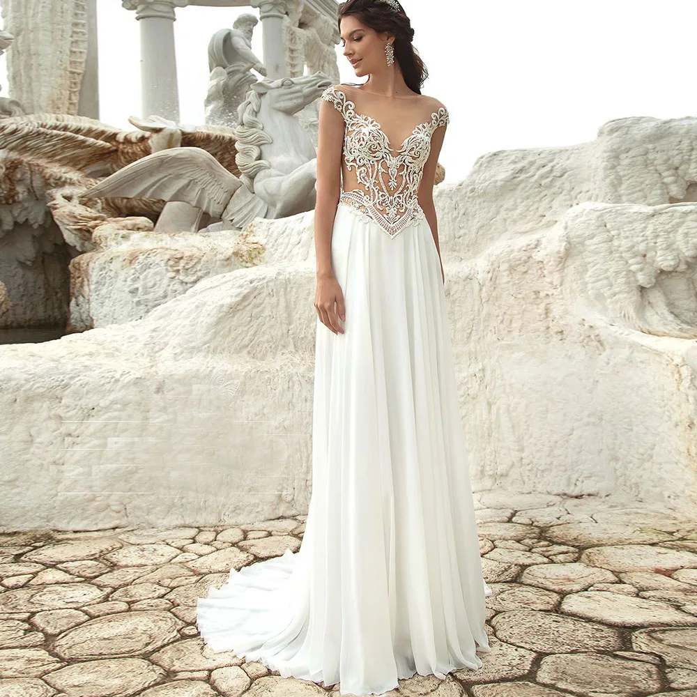 

Wedding Gown Gentle Off the Shoulder V-Neck Cut-Out Sleeveless Backless Chiffon Appliques Court Train Customize Свадебное Платье