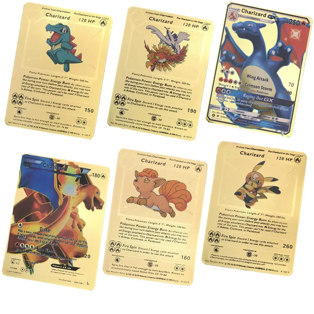 Лучшие продажи золотой металл цвет битва карт игры Pokemones карты энергии Charizard коллекция карт игрушки