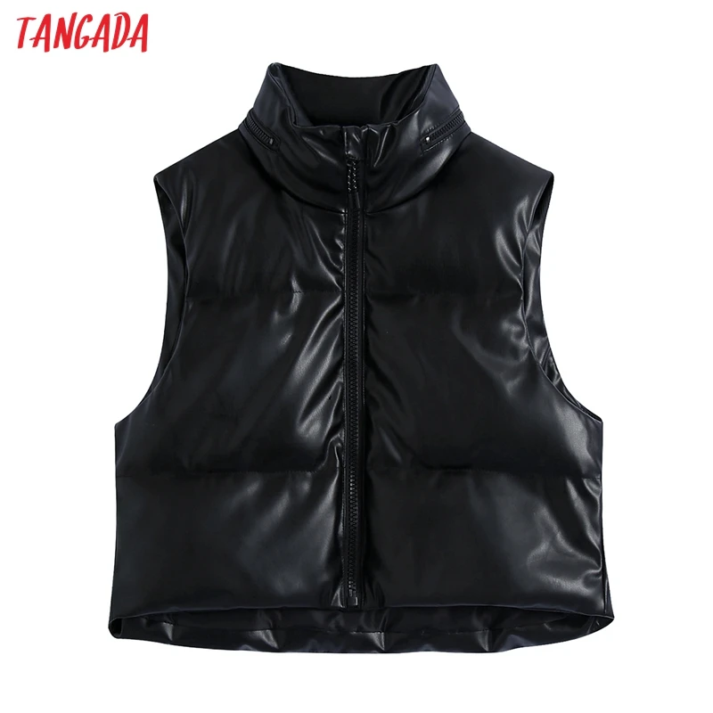 

Tangada Women Oversized Black Faux Leather Crop Sleeveless Padded Waistcoat 2021 Pockets Female Elegant Coat CE206