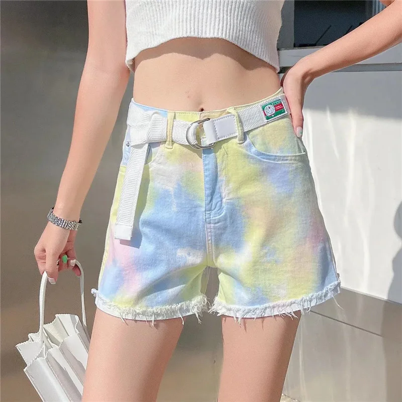 

Летние джинсовые шорты с принтом тай-дай для девушек, женские прямые шорты в стиле Харадзюку для женщин, парные корейские трендовые уличные ...