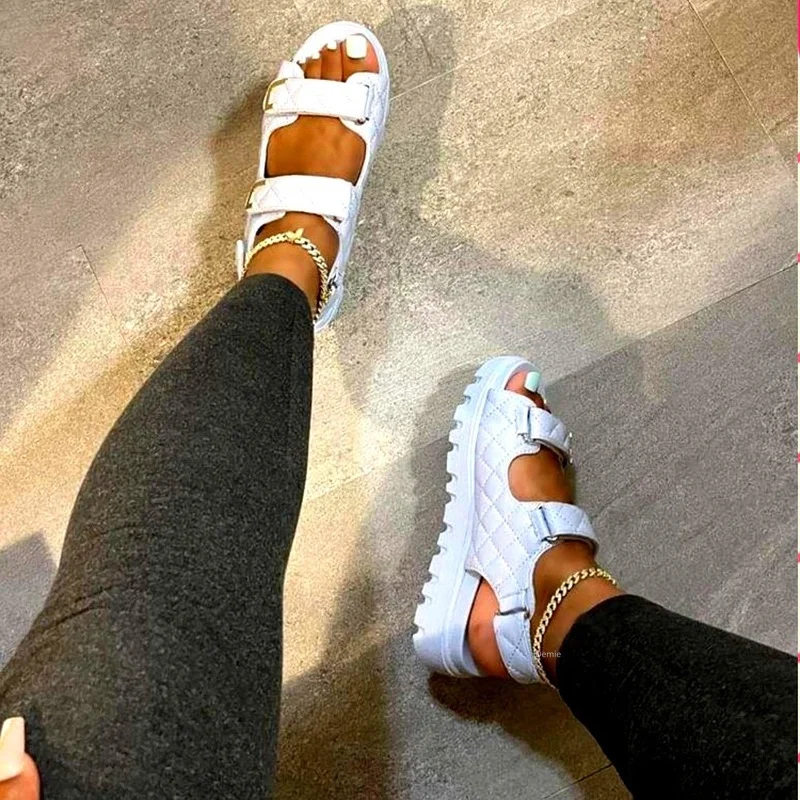 

Women's Round-toe Flat Sandals 2021 Summer New Solid Color Velcro Casual Shoes Comfortable and Light Outdoor Women's Sandals