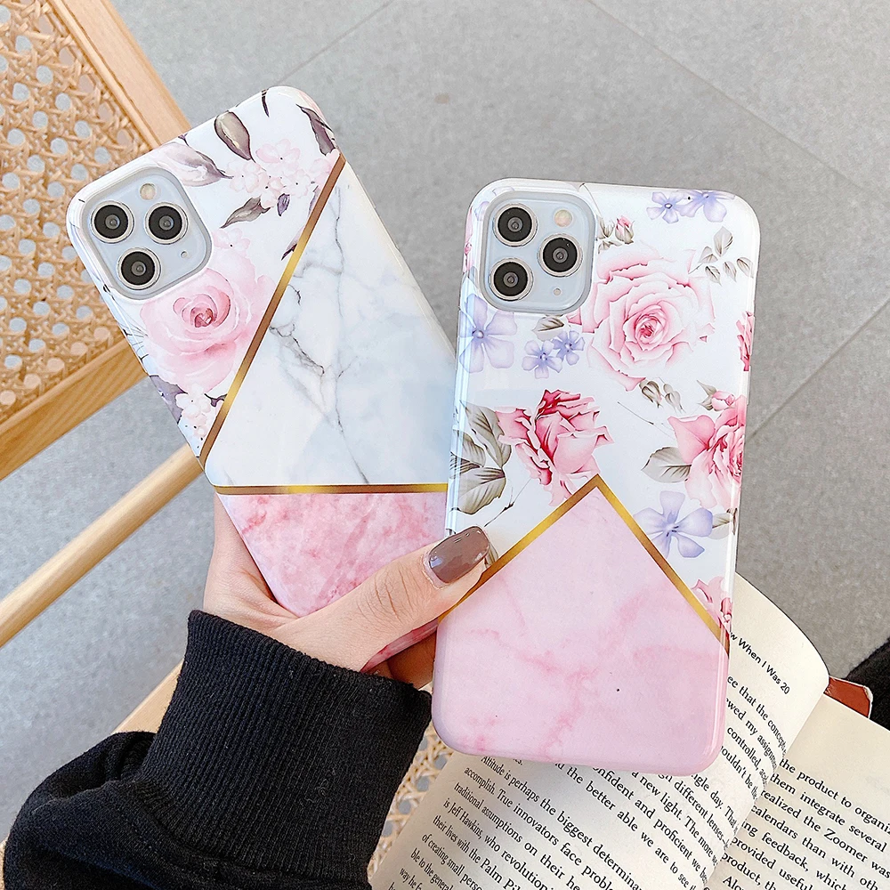 Чехол для телефона с геометрическим мрамором и розовыми цветами iPhone 11 Pro Max XR X XS 7 8