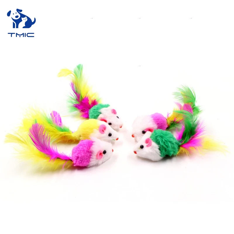 2 шт. игрушки для кошек ложная мышь мини забавные с красочными перьями плюшевые