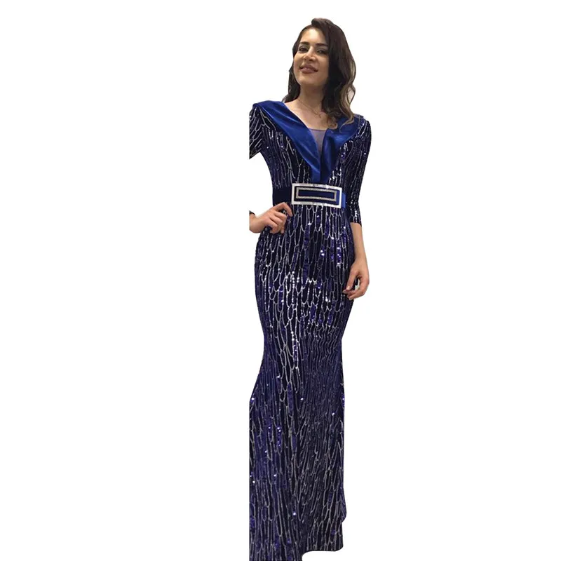 

Zoctuo Sequins Velvet Maxi Dress Autumu V Neck 3/4 Long Sleeve Dresses Formal Christmas Party Club Dresses For Women