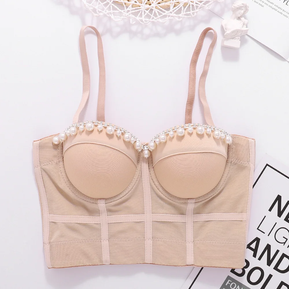 

Dj Fashion Tops Sexy new arrival beading Bra Mesh Push Up Bralet Women's Corset Bustier Bra Night Club Party Cropped Top Vest