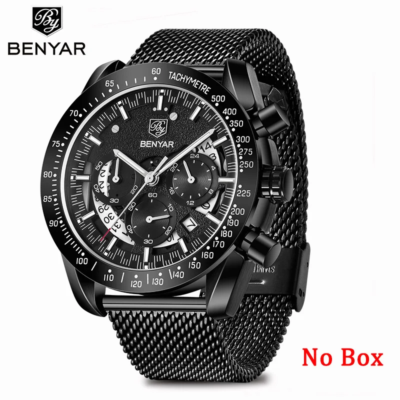 Black White No Box BENYAR мужские часы Топ бренд Роскошные часы кварцевые военные наручные часы мужские часы хронограф бизнес часы Relogio Masculino - Цвет: Black White No Box