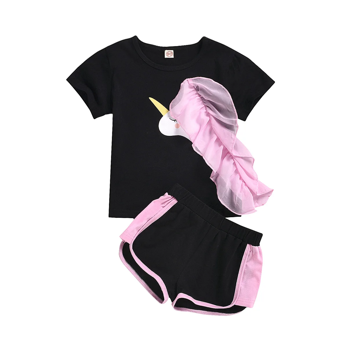 

2021 New Spring Summer Girls Fashion Clothing Sets Girls Casual Suits Lace Cartoon Unicorn Top and Shorts Outfits Active Clothes