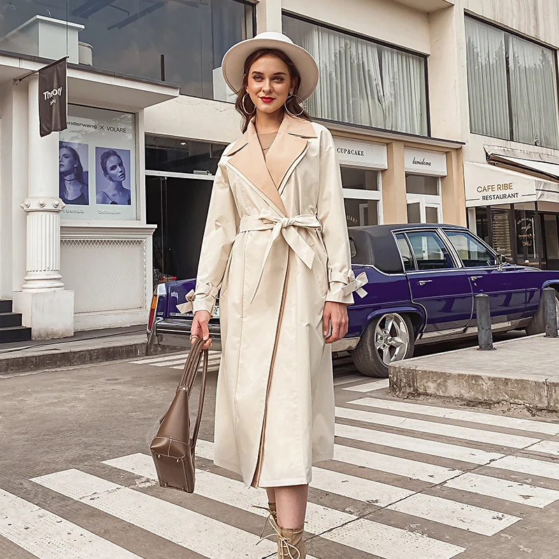 

Simplee Casual lapel splicing women trench Long sleeve double breasted belt female windbreaker High street ladies long wind coat
