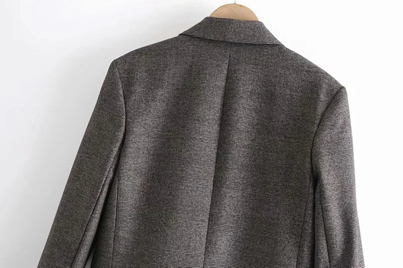 

Qeils Women Fashion Cropped Check Notched Blazer Coat Casual Vintage Long Sleeve With Shoulder Pads Female Outerwear Chic Tops