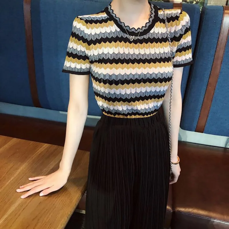 Летняя новинка женская тонкая полосатая футболка в стиле ретро шелковая с