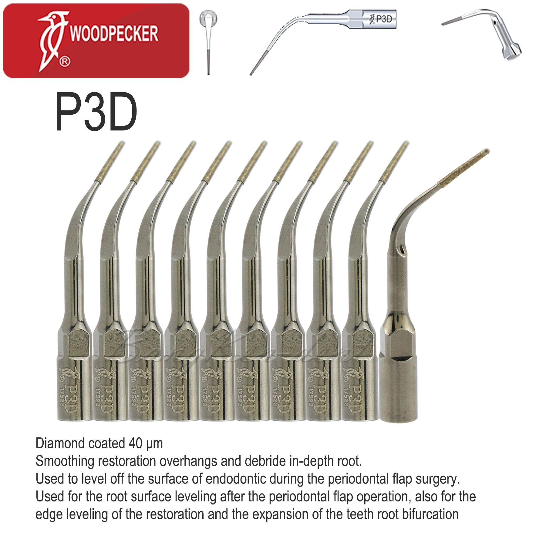 10pcs Woodpecker Original Dental Ultrasonic Scaler Diamond Tips Periodontics Debride In-depth Root Scaling P3D Fit EMS UDS