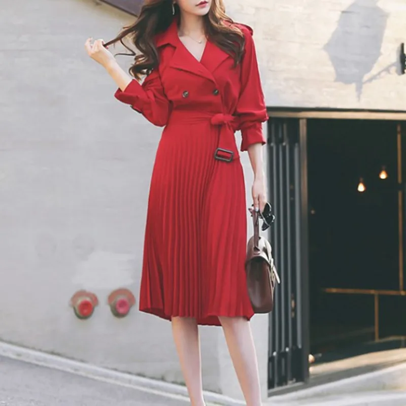 

Casual Double Breasted Notched Collar Female Mid-length Dress Summer Long Sleeve Sashes Women Dress Vestidos 2021