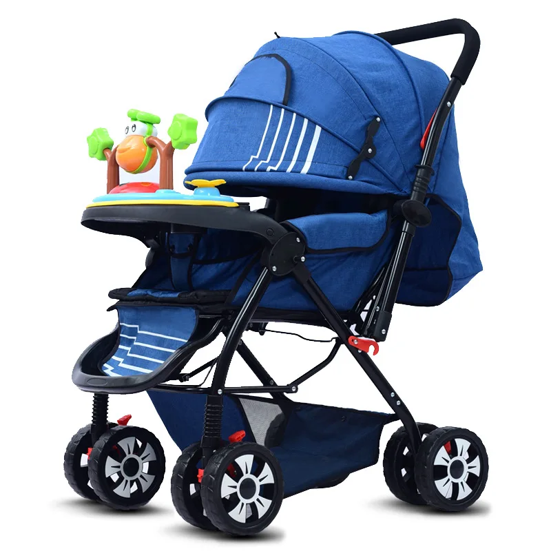Denim Blue Четыре колеса Расширенный детская коляска Складная складной двухполосный детская прогулочная коляска зонтик коляска с обеденной пластиной - Цвет: Denim Blue