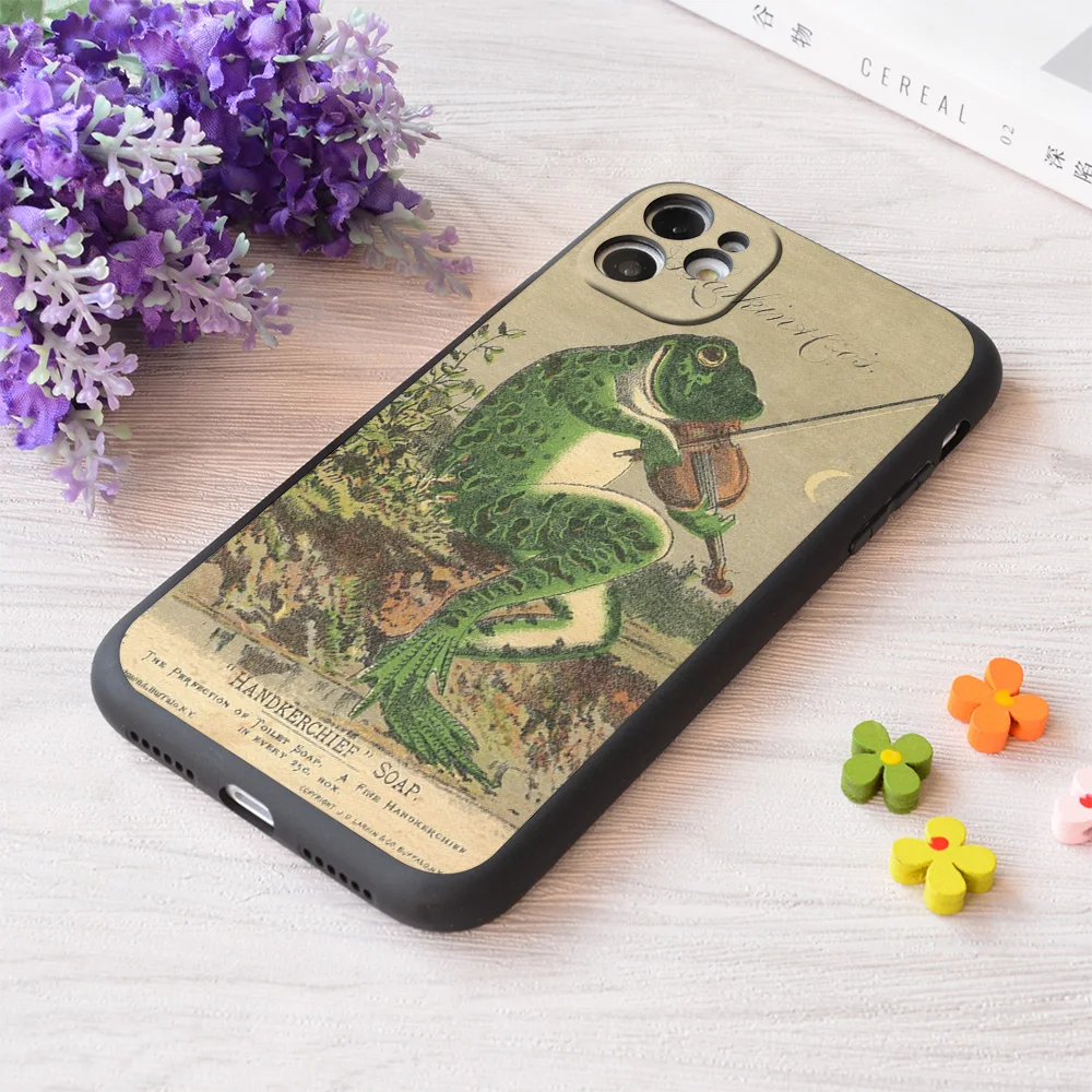 

For iPhone Vintage Violin Frog Print Soft Matt Apple Case