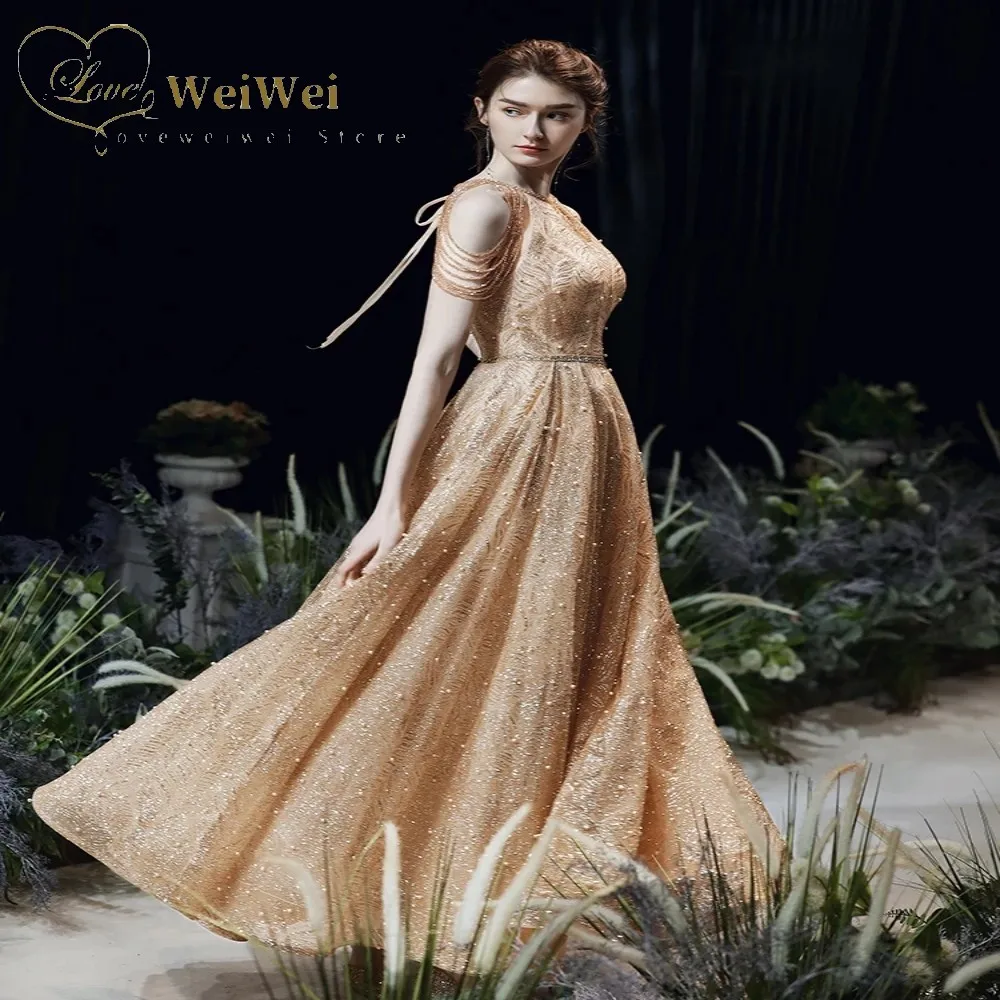 

High Quality Champagne Prom Dresses O-Neck A-Line Sleeveless Floor Length Sequin Beading Sash Tassel Evening Gowns