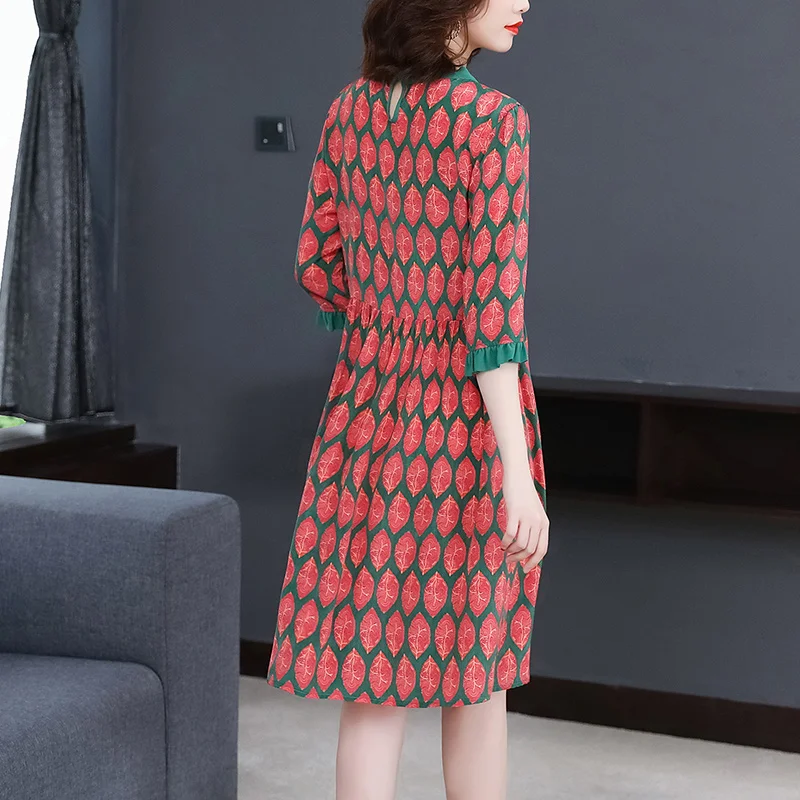 

Summer Red Vintage M-4XL Plus Size Tencel Dresses 2021 Casual Print Mulberry Silk Midi Dress Women Elegant Party Vestidos