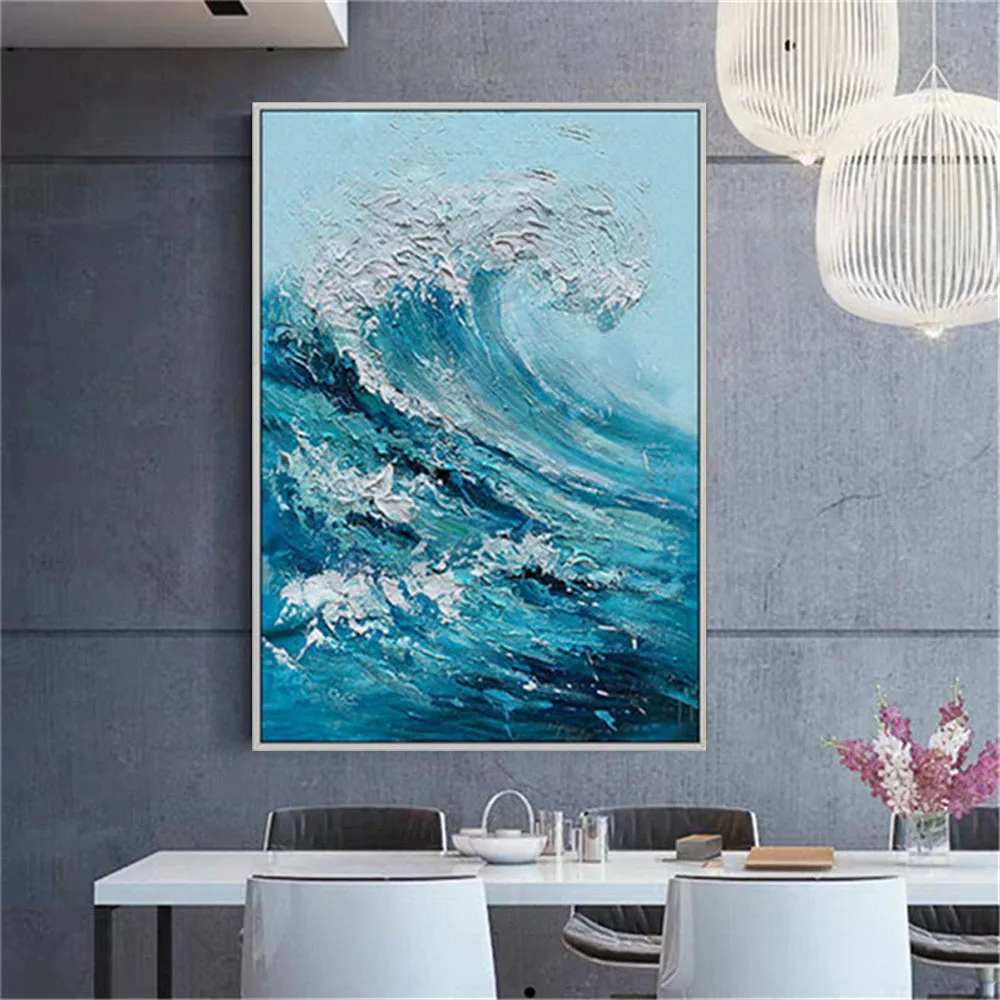 

Лидер продаж, ручная роспись маслом, морские волны, Современная Абстрактная Картина на холсте, синяя черная Настенная картина, коридор, дома...