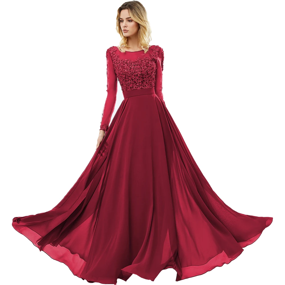 Бургундия Vestido de festa, серое шифоновое длинное вечернее платье, сексуальное, с открытой спиной, с длинными рукавами, кружевное платье для выпускного вечера, Vestido Longo - Цвет: Бургундия